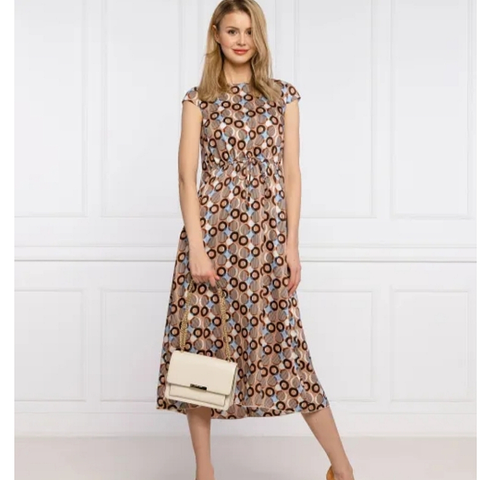 Peserico Multicolor Circle Print Midi Cap Sleeve Satin Shift Dress 38 S